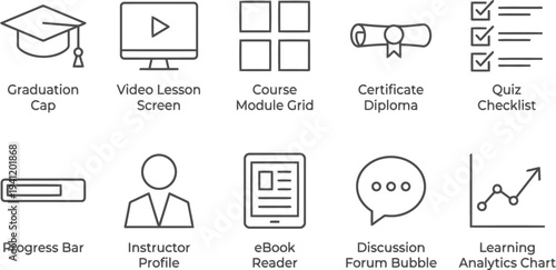 E learning icons set, educational symbols, online course, learning, development