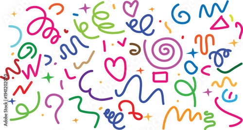Colorful vector illustration of playful doodles, shapes, and hearts on white background