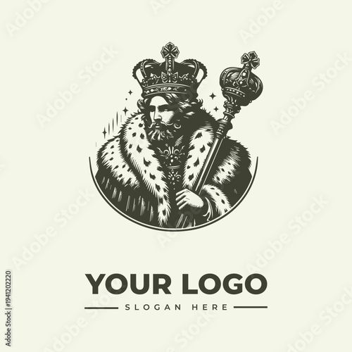 A regal king with a crown and scepter in a vintage engraving style, surrounded by ornate details on a cream background, with a placeholder for a logo and slogan.