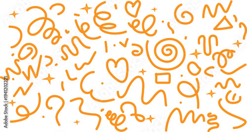 Vibrant orange abstract vector illustration of playful doodles on plain white background