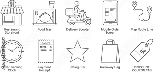 Food delivery icons set, restaurant, order tracking, mobile app, ecommerce, online shopping, food tray, discount coupon