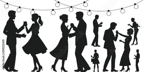Couples dancing silhouette illustration, festive celebration, outdoor party lights, social gathering, joyful movement, romance, nightlife, community event, entertainment, elegance