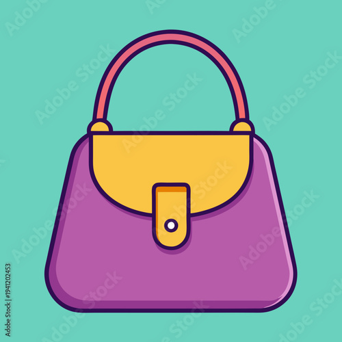 A vibrant cartoon illustration of a stylish purple handbag with a yellow flap and pink handle