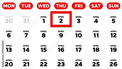 The date April 2nd marked with a red cursor on the wall calendar 2026