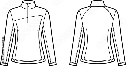 Athletic Half Zip Jacket CAD Drawing Flat Vector Illustration, Front and Back Technical Fashion Template Sport Activewear Design