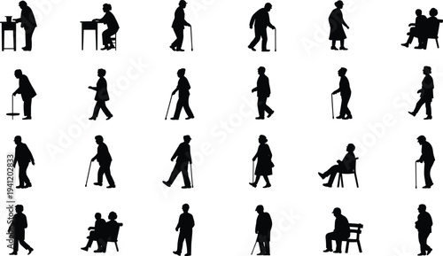 Elderly people silhouettes collection, senior men and women daily activity poses set, aging lifestyle vector isolated illustration