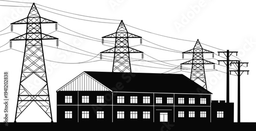 Electrical substation silhouette illustration, power transmission towers, energy distribution facility, industrial infrastructure, electricity grid, utility system, high voltage lines