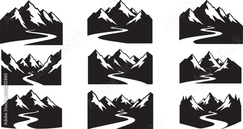 Mountain Range Silhouette with Winding River Graphic Design Elements