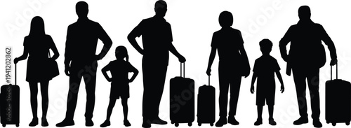 Family travelers with luggage silhouettes collection, airport travel people walking set, tourism vacation journey vector isolated illustration