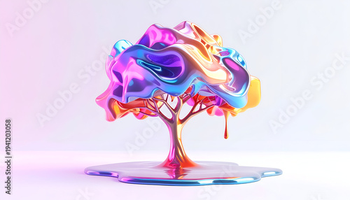 Abstract tree sculpture with colorful iridescent molten metal texture surreal design