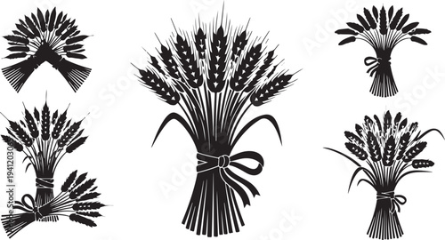Black and white wheat bouquet illustrations with ribbons tied