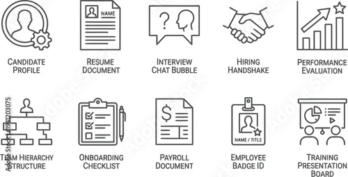 HR icons set, human resources symbols, business workflow, management tools