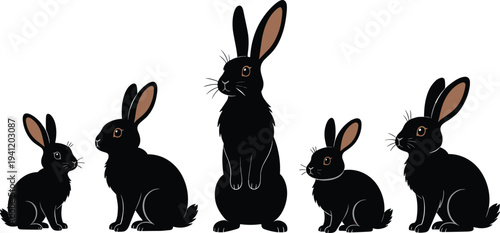 Rabbit silhouettes collection, cute bunny animal poses set, wildlife nature vector illustration isolated design