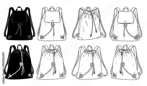 Drawstring backpack bag vector set black and white sport sack illustration