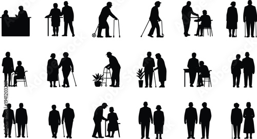 Senior people daily activities silhouettes collection, elderly men and women lifestyle poses set, aging vector isolated illustration