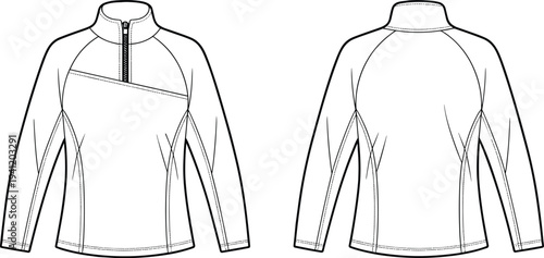 Sport Zip Jacket CAD Drawing Flat Vector Illustration, Front and Back Technical Fashion Template Athletic Activewear Top Design