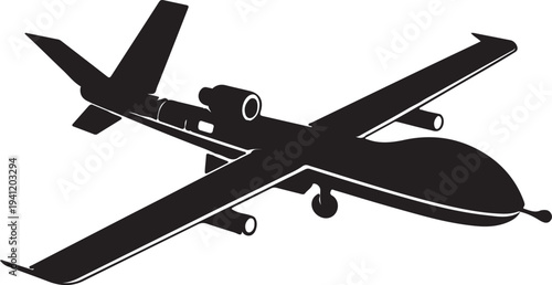 Black silhouette of a military predator drone, unmanned aerial vehicle (UAV) vector.