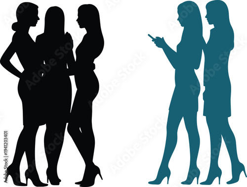 Women talking silhouettes collection, female friends conversation social interaction scene, people communication vector isolated illustration