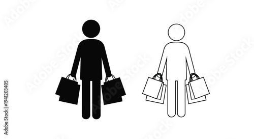 Two stick figures one black and one white each carrying shopping bags