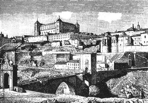 City of Toledo, panoramic view of historic Spanish city with prominent buildings, medieval architecture, and stone bridge over river, old vintage illustration, 1898.