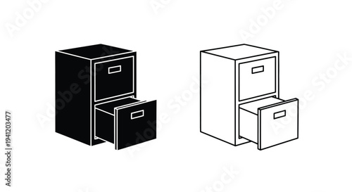 Two filing cabinets one solid black and one outlined with an open drawer