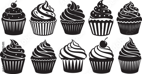 Black and white cupcake illustrations in various designs sweet