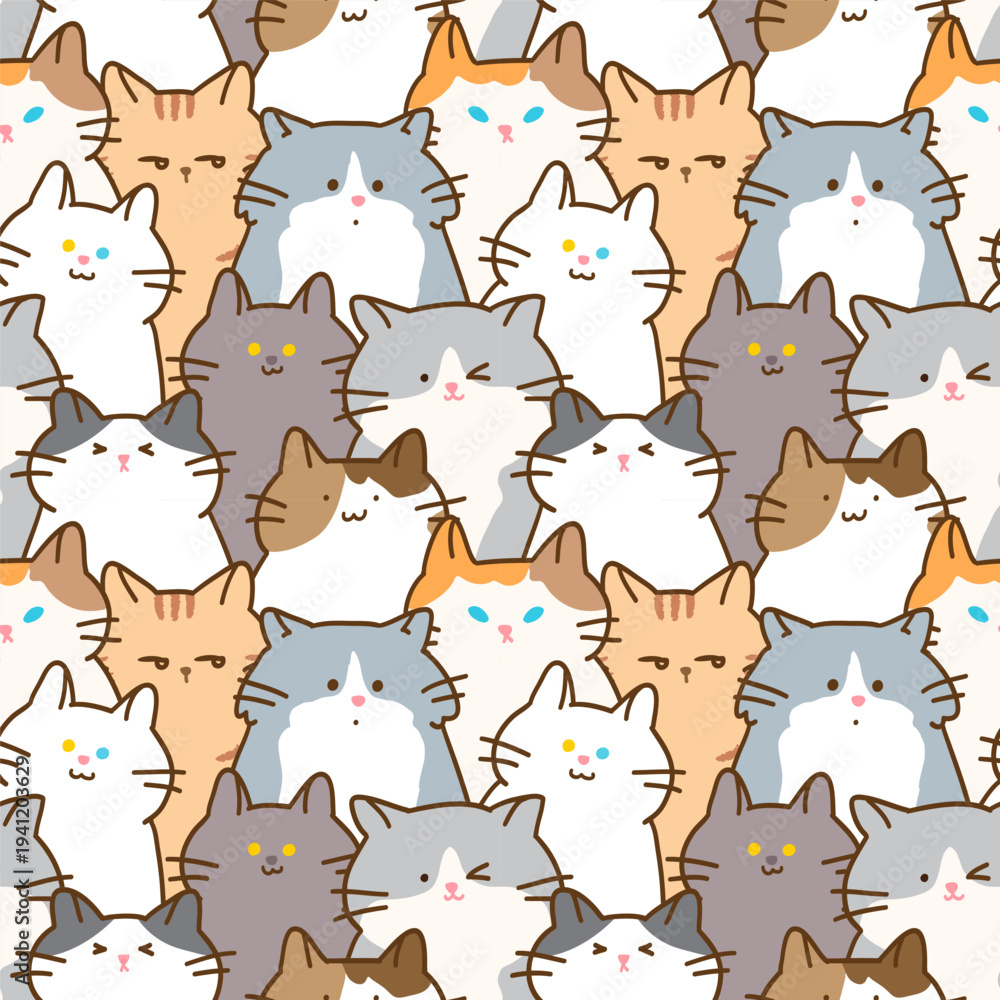 Fototapeta Seamless Pattern of Cartoon Cat Illustration. Hand Drawn Vector Illustration. 