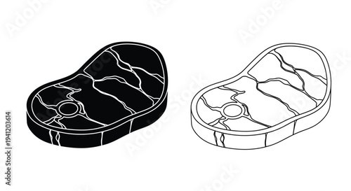 Line art illustration of two different steak cuts one shaded and one outline
