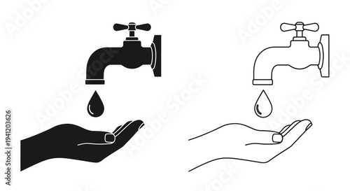 Water droplet falling from a faucet into a hand two design variations