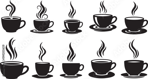 Set of black coffee cups with steam rising icons