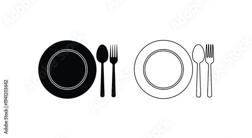 Simple illustration of two place settings with plates forks and spoons