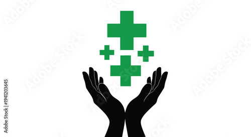 Hands cradling green medical crosses symbolizing healthcare and protection