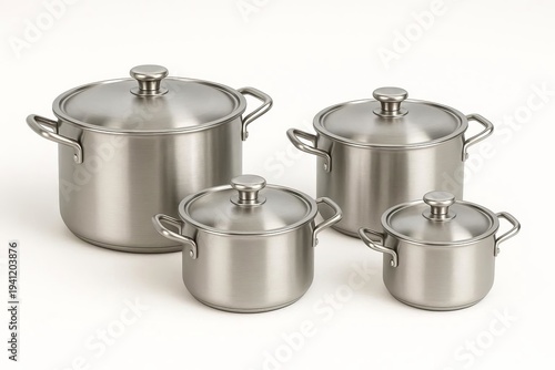 Cooking pots of various sizes are arranged separately on a white background
