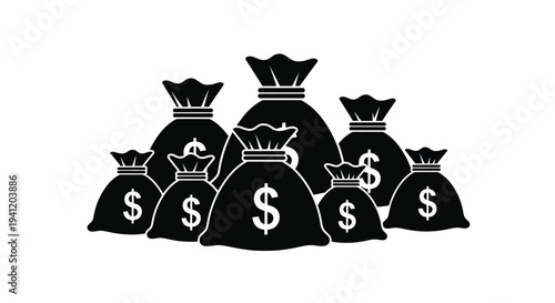 Black silhouette illustration depicting several bags filled with money