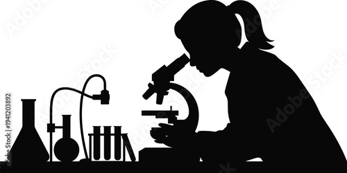 Laboratory silhouette illustration, scientist using microscope, research equipment, test tubes flasks, scientific inquiry, experimentation, knowledge pursuit, discovery