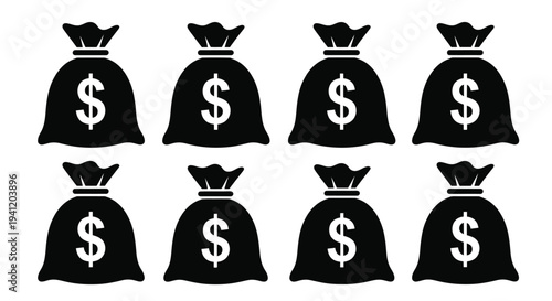 Eight black silhouettes of money bags each bearing a dollar sign
