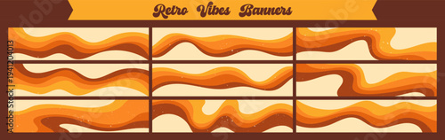 Pack with 9 zebra Y2K groovy banners drawn in warm yellow color.