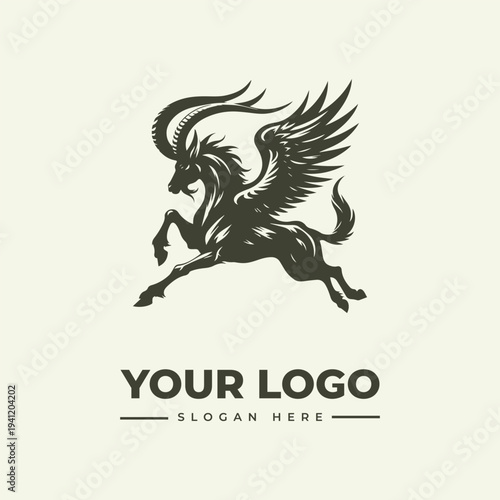 A dark green logo featuring a mythical winged horse with a horn, accompanied by a customizable 'YOUR LOGO' text and slogan on a beige background, in a vintage engraving style.