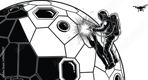 Astronaut welding geodesic dome in space, futuristic construction, drone assistance, extraterrestrial maintenance, science technology illustration – flavector