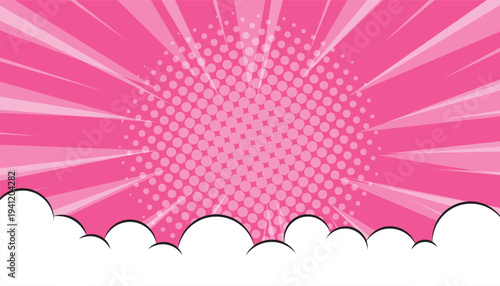 Comic book cartoon pop art explosion pink background. retro pop art style with cloud on halftone background. sunbeam