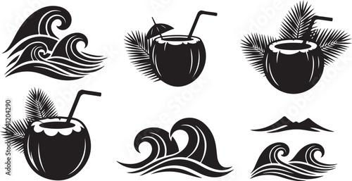 Tropical Vacation Icons with Coconut Drinks and Palm Trees