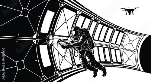 Astronaut repairing futuristic space station interior, zero gravity welding sparks, drone assistance, science fiction technology exploration concept – flavector
