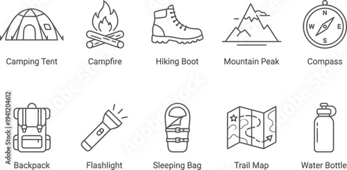 Camping icons set, hiking and outdoor adventure symbols