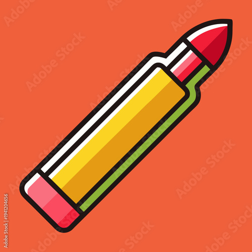 Stylized graphic of a colorful pencil, featuring a sharp red tip and a pink eraser