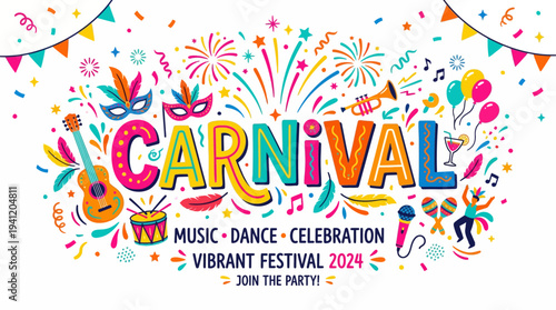 Colorful Carnival Festival Banner with Music Party Elements and Confetti Illustration