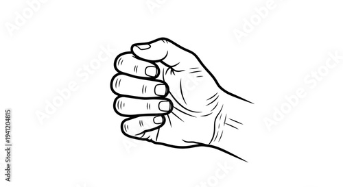 Monochrome vector drawing depicting a human hand tightly clenched into a powerful fist isolated on