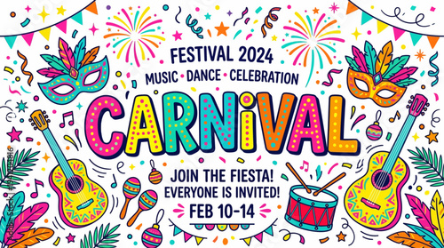 Colorful Carnival Festival Banner with Music Party Elements and Confetti Illustration