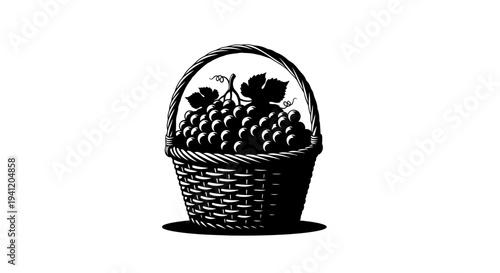 Elegant black and white vector illustration of a wicker basket brimming with fresh grapes and