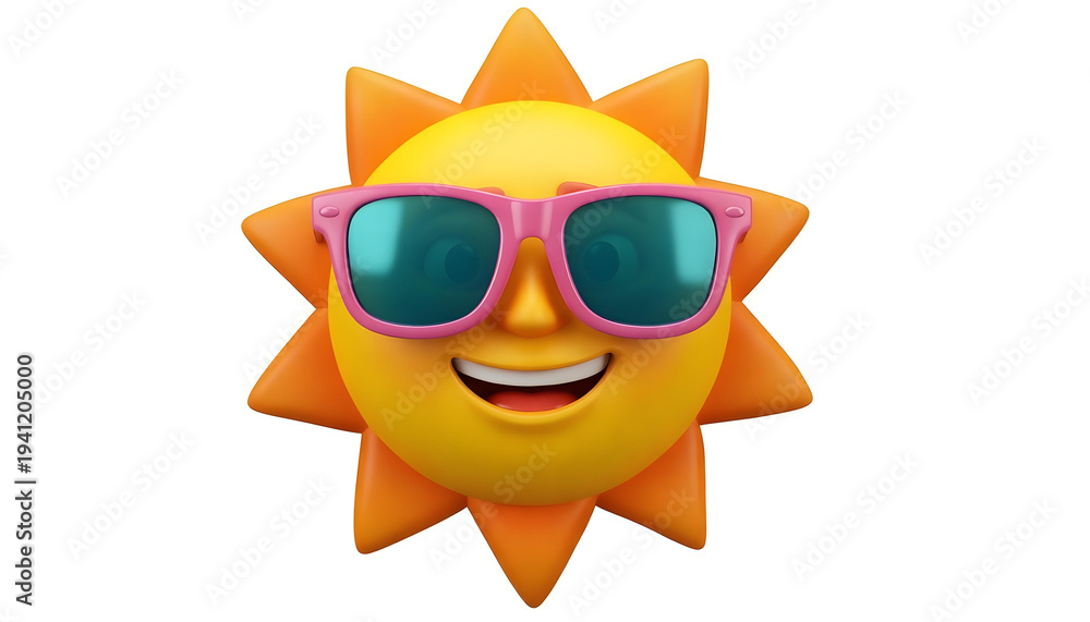 Fototapeta premium Happy cartoon sun wearing pink sunglasses, smiling brightly on a white background