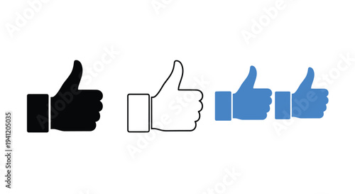 Three thumbs up icons black white outline and blue variations